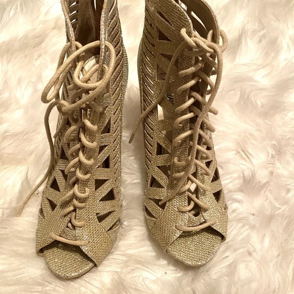 Gold High Heel Lace-Up Peep-Toe Shoes - Picture 1 of 7